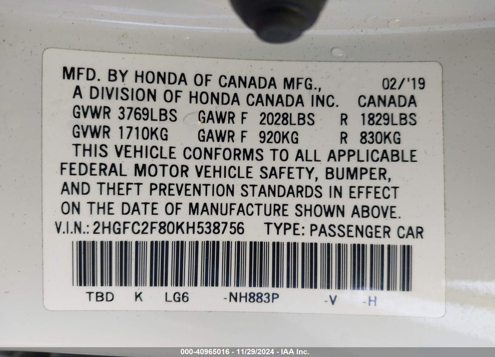 2019 HONDA CIVIC SPORT VIN: 2HGFC2F80KH538756
