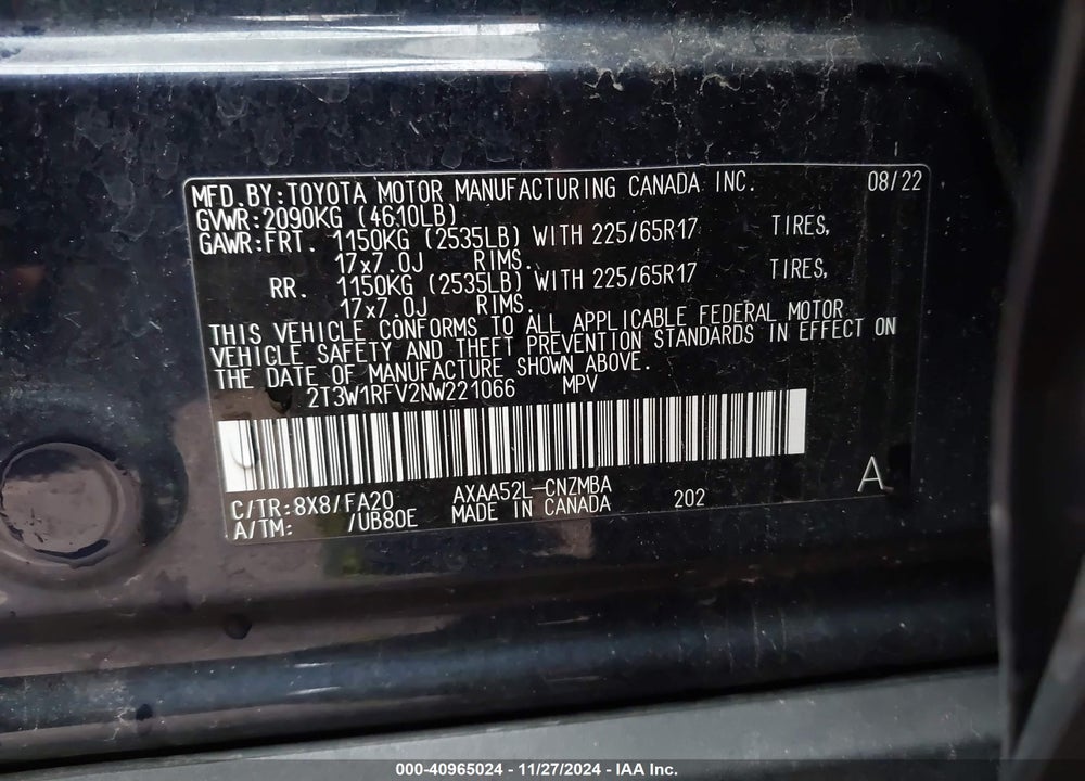 2022 TOYOTA RAV4 XLE VIN: 2T3W1RFV2NW221066