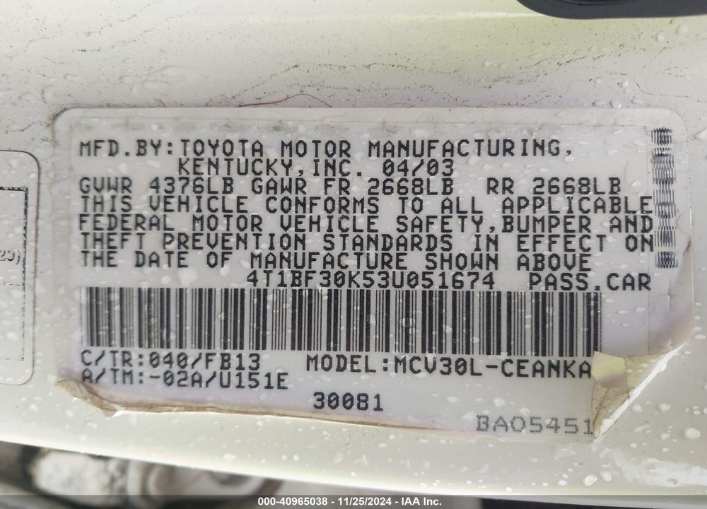2003 TOYOTA CAMRY LE V6 VIN: 4T1BF30K53U051674