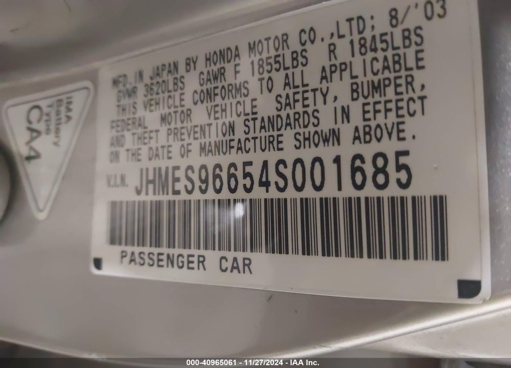 2004 HONDA CIVIC HYBRID VIN: JHMES96654S001685