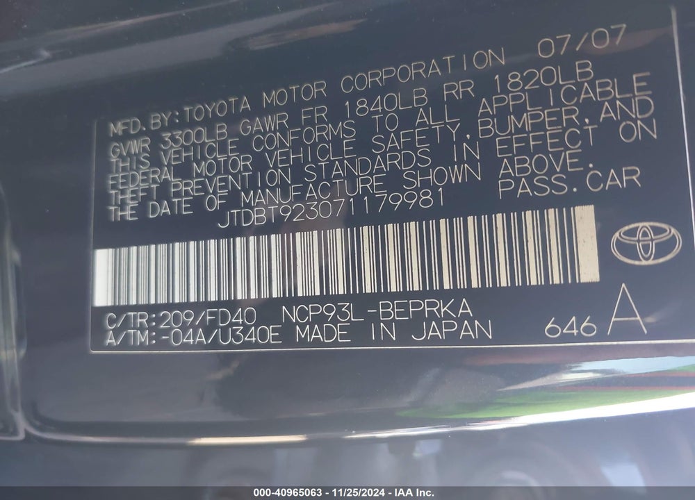 2007 TOYOTA YARIS VIN: JTDBT923071179981