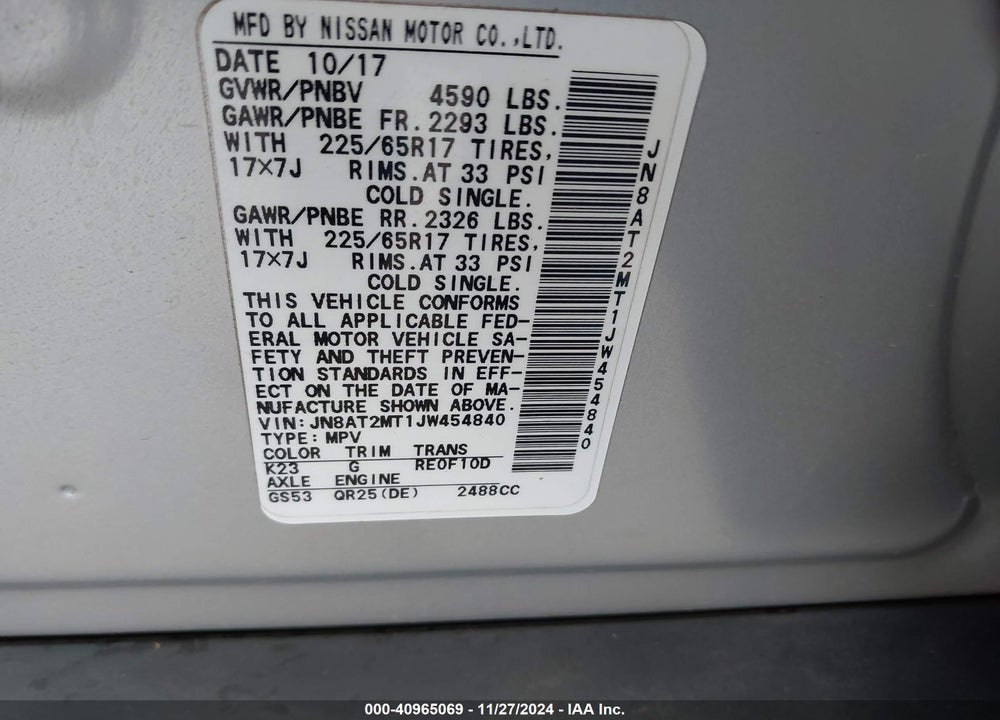 2018 NISSAN ROGUE SV VIN: JN8AT2MT1JW454840