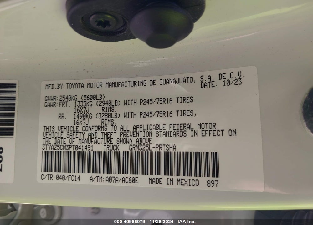 2023 TOYOTA TACOMA VIN: 3TYAZ5CN3PT041491
