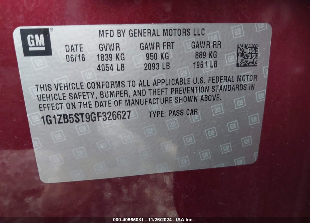 2016 CHEVROLET MALIBU VIN: 1G1ZB5ST9GF326627