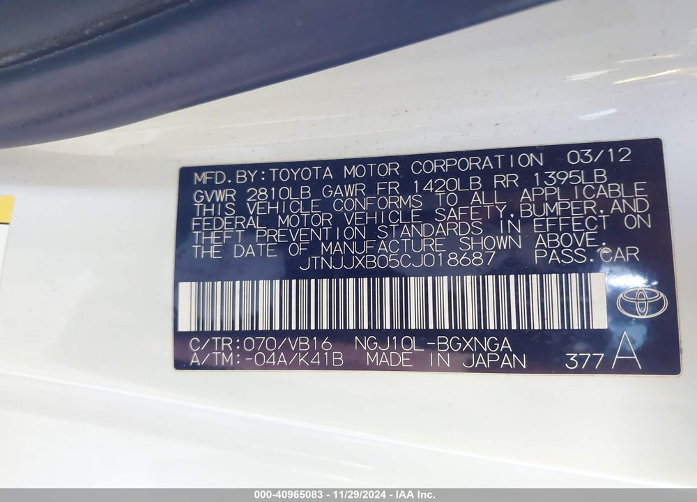 2012 SCION IQ VIN: JTNJJXB05CJ018687