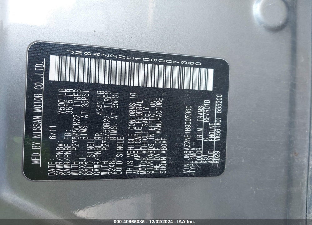 2011 INFINITI QX56 VIN: JN8AZ2NE1B9007360