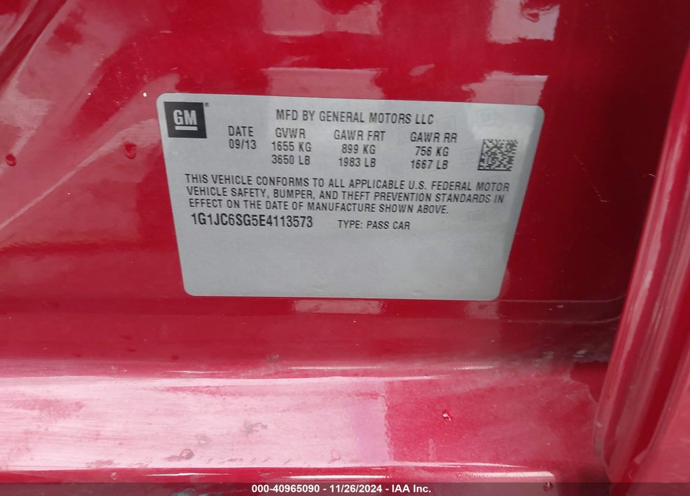 2014 CHEVROLET SONIC LT AUTO VIN: 1G1JC6SG5E4113573