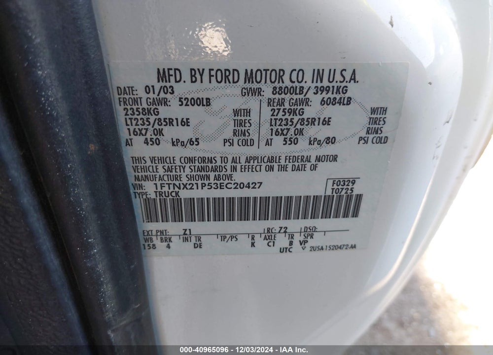 2003 FORD F-250 LARIAT/XL/XLT VIN: 1FTNX21P53EC20427