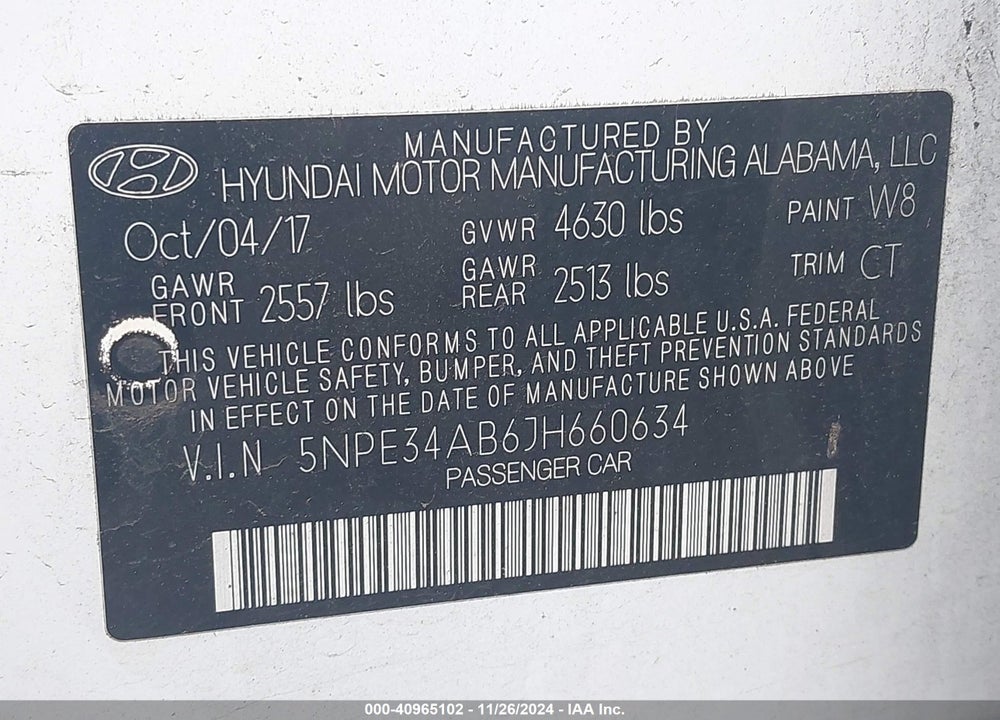 2018 HYUNDAI SONATA SPORT 2.0T VIN: 5NPE34AB6JH660634