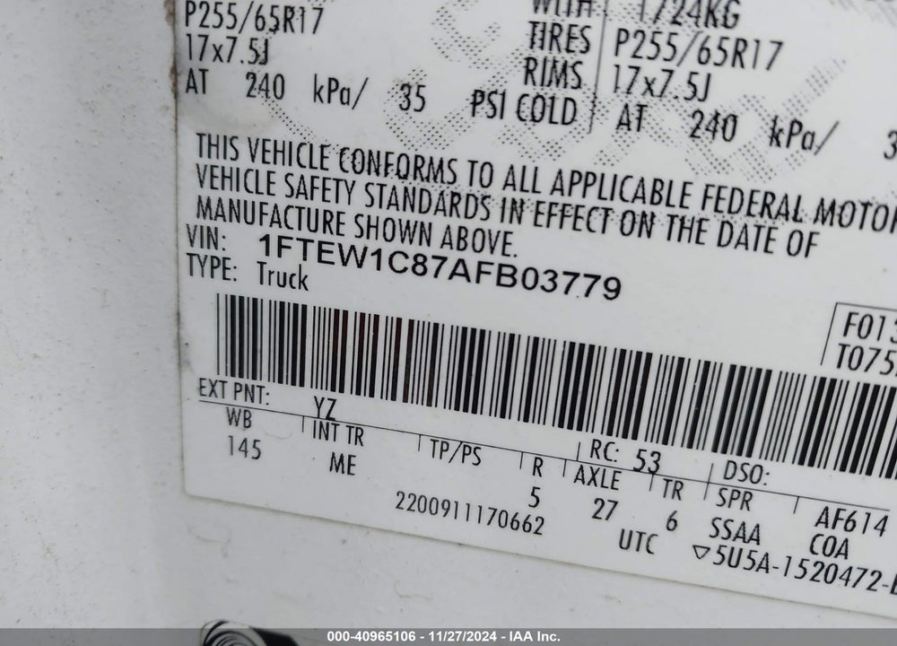 2010 FORD F-150 FX2 SPORT/XL/XLT VIN: 1FTEW1C87AFB03779