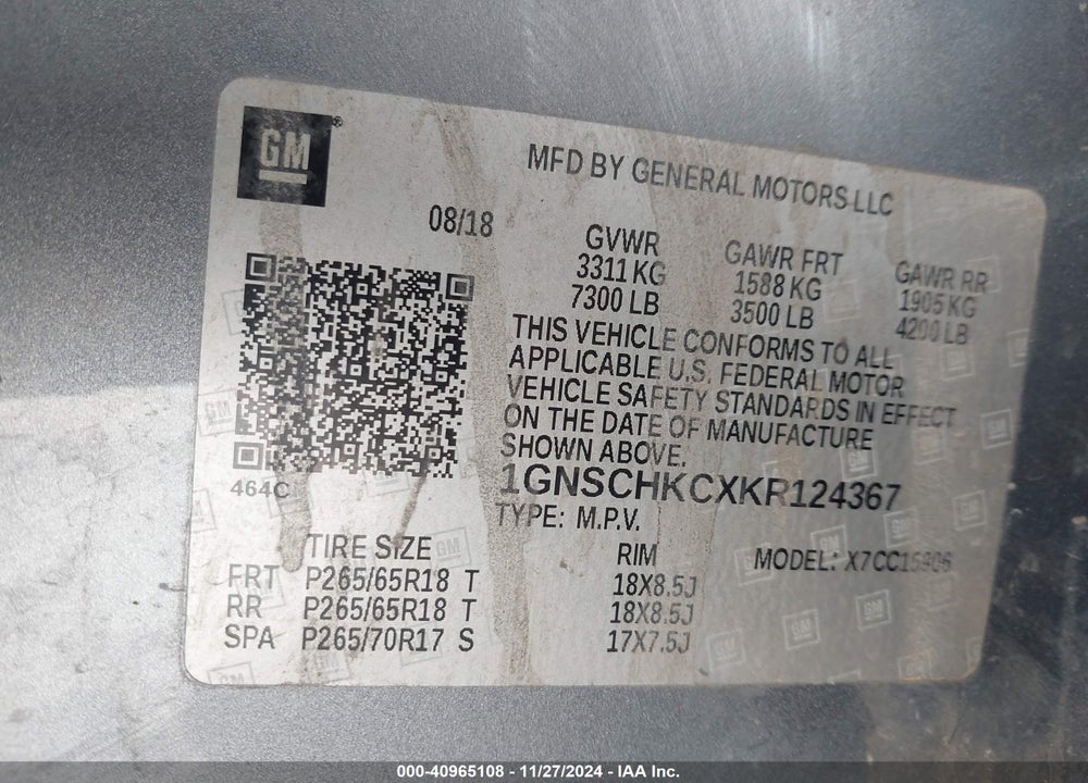 2019 CHEVROLET SUBURBAN LT VIN: 1GNSCHKCXKR124367