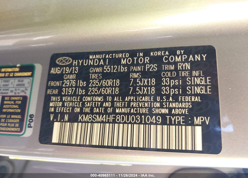 2013 HYUNDAI SANTA FE VIN: KM8SM4HF8DU031049