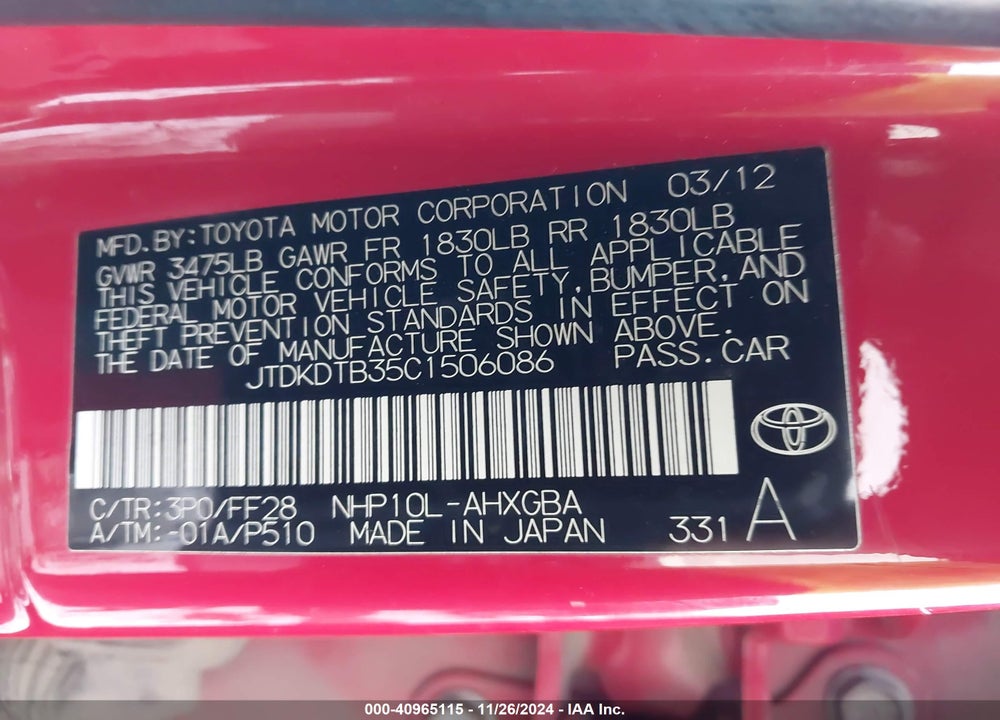 2012 TOYOTA PRIUS C THREE VIN: JTDKDTB35C1506086