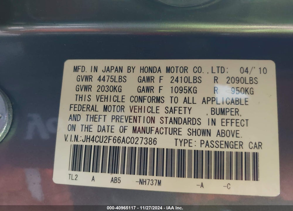2010 ACURA TSX 2.4 VIN: JH4CU2F66AC027386