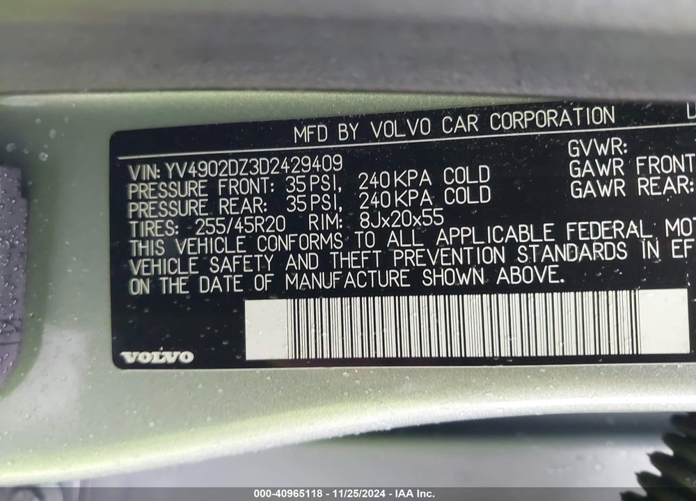 2013 VOLVO XC60 T6 VIN: YV4902DZ3D2429409