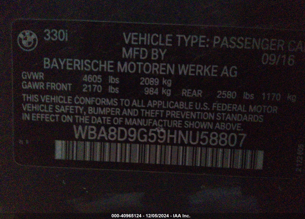 2017 BMW 330I XDRIVE VIN: WBA8D9G59HNU58807