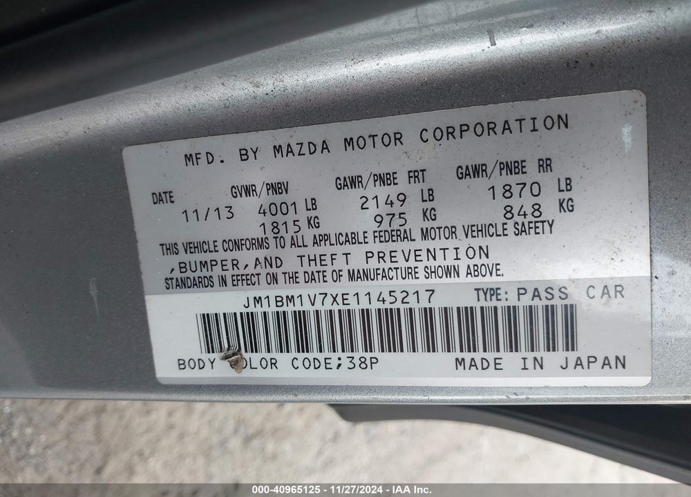 2014 MAZDA 3 I TOURING VIN: JM1BM1V7XE1145217