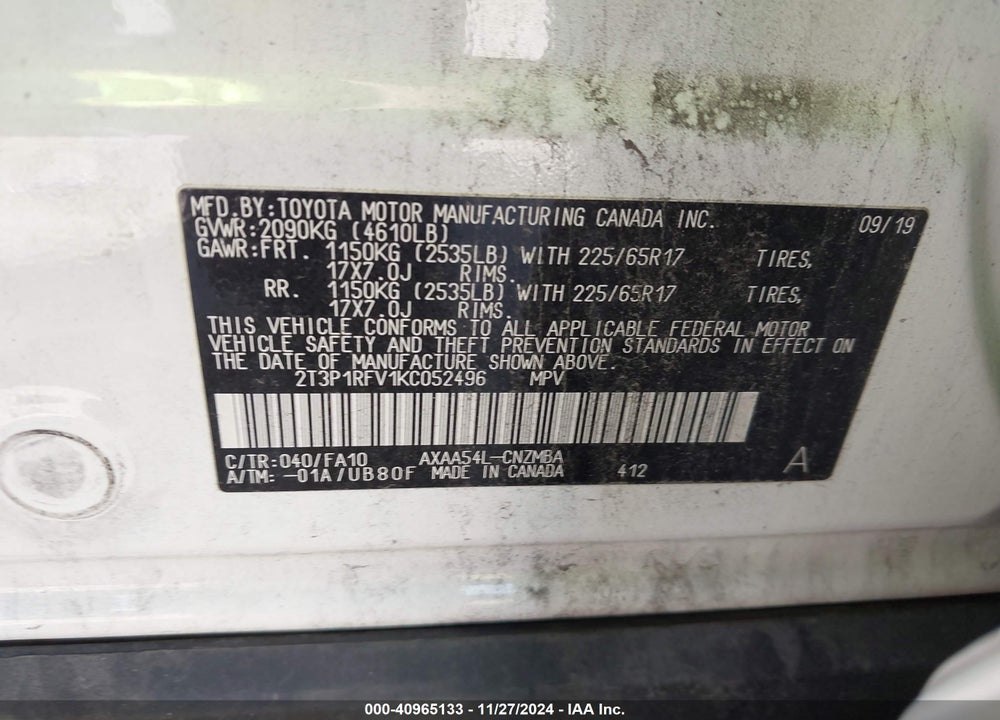 2019 TOYOTA RAV4 XLE VIN: 2T3P1RFV1KC052496