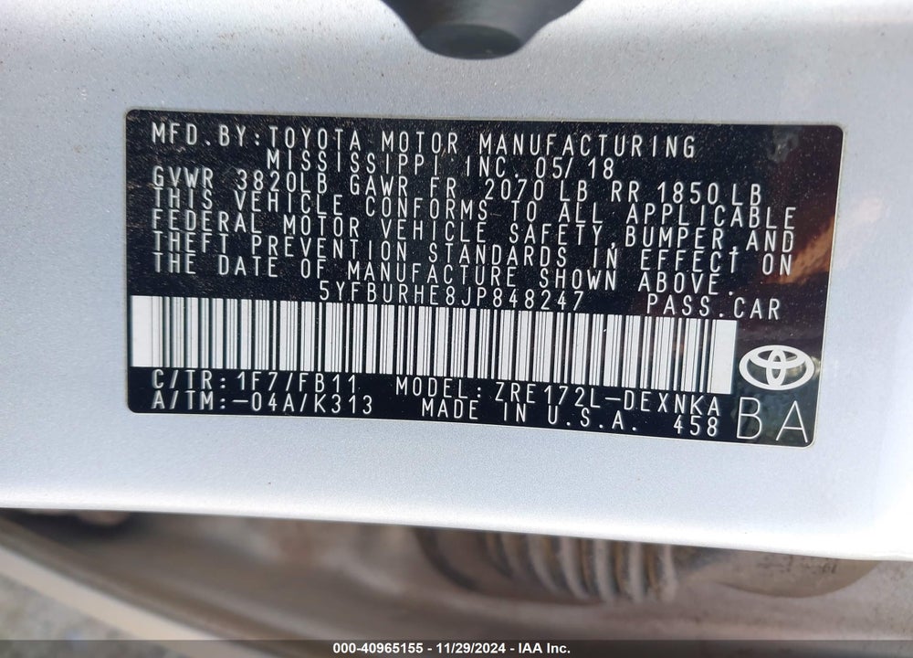 2018 TOYOTA COROLLA LE VIN: 5YFBURHE8JP848247