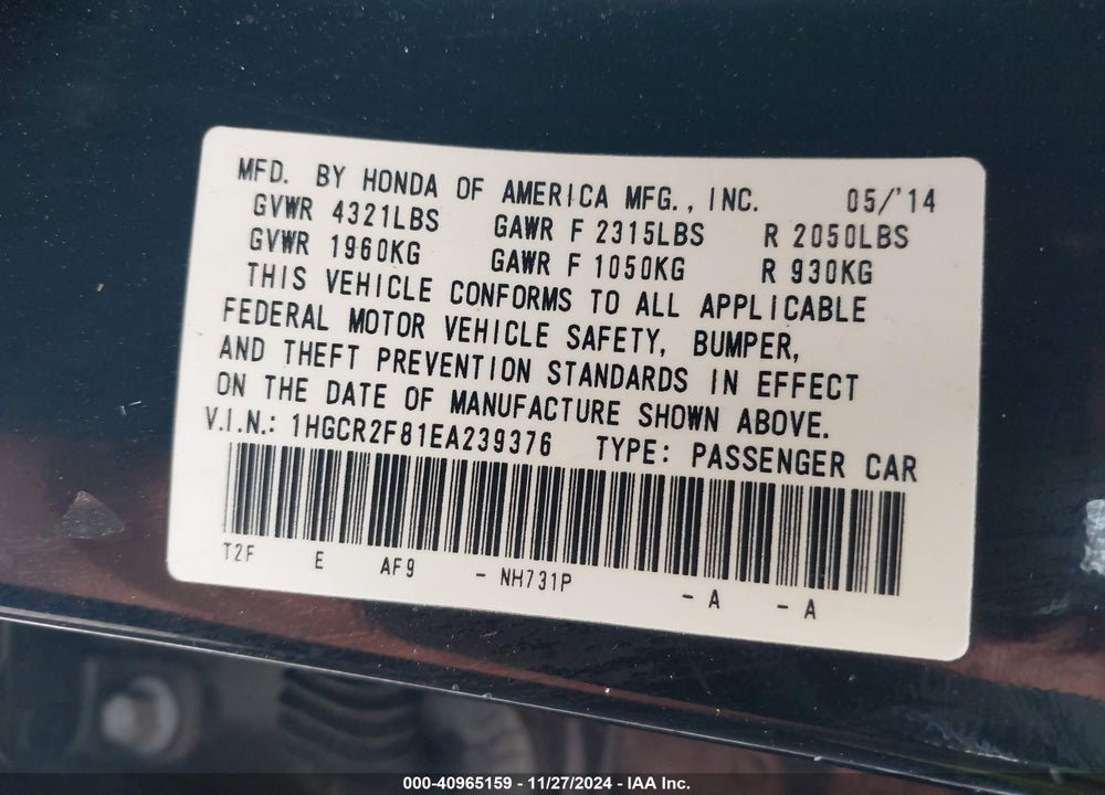 2014 HONDA ACCORD EX-L VIN: 1HGCR2F81EA239376