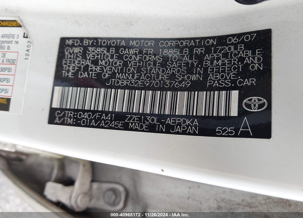 2007 TOYOTA COROLLA CE VIN: JTDBR32E970137649
