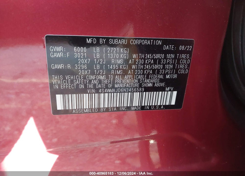 2022 SUBARU ASCENT ONYX EDITION VIN: 4S4WMAJD6N3456589