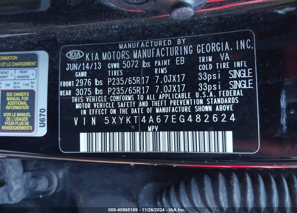 2014 KIA SORENTO LX VIN: 5XYKT4A67EG482624