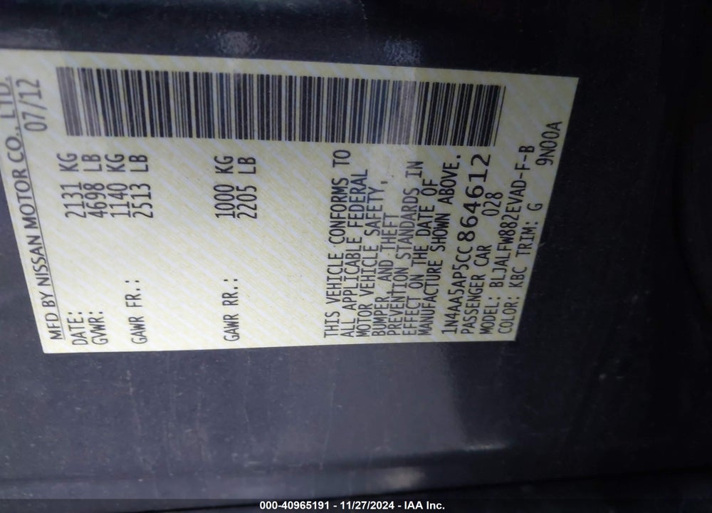 2012 NISSAN MAXIMA 3.5 SV VIN: 1N4AA5AP5CC864612