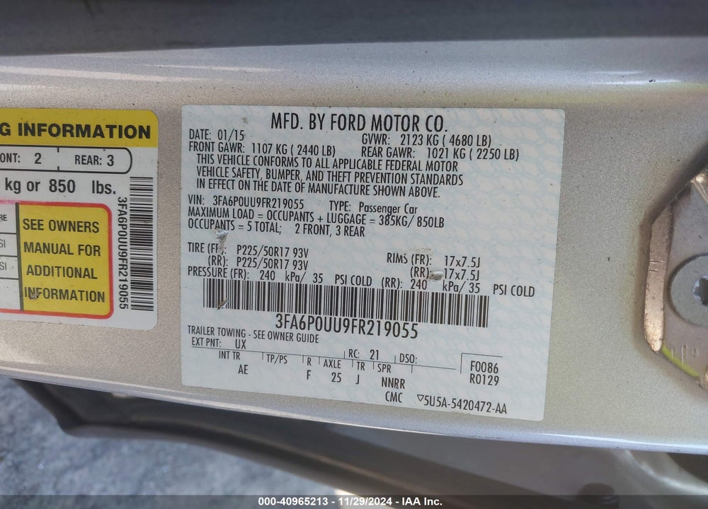 2015 FORD FUSION HYBRID S VIN: 3FA6P0UU9FR219055