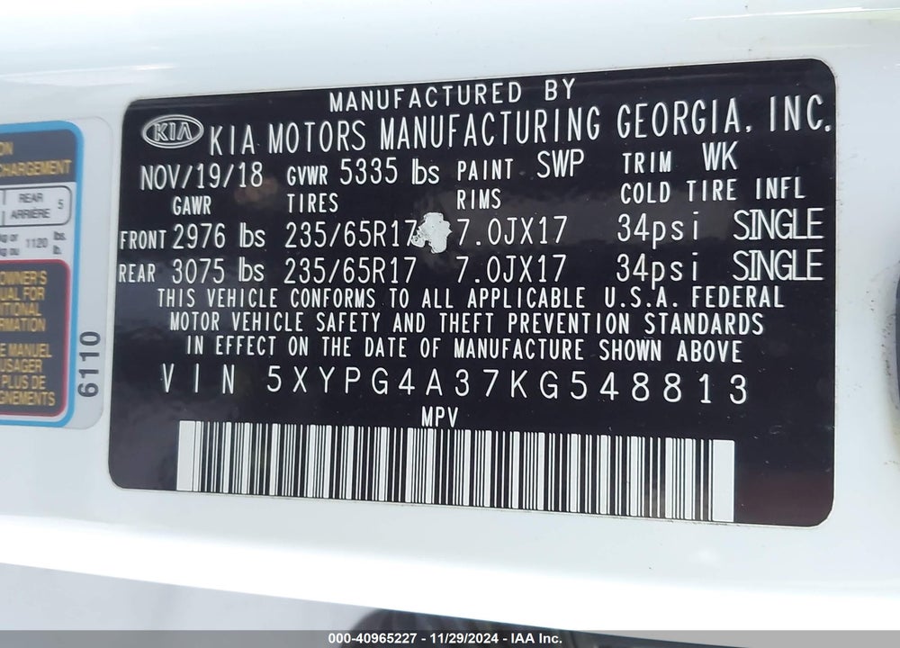 2019 KIA SORENTO VIN: 5XYPG4A37KG548813