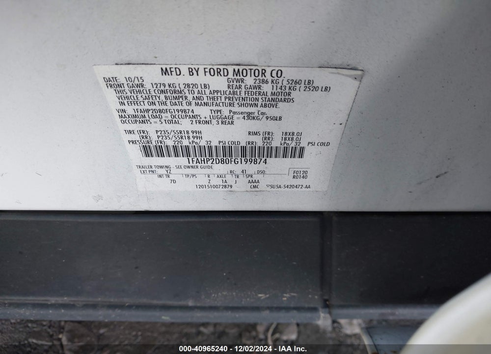 2015 FORD TAURUS SE VIN: 1FAHP2D80FG199874
