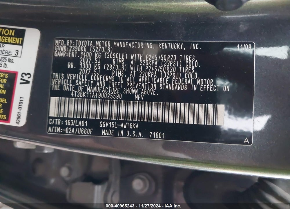 2009 TOYOTA VENZA BASE V6 VIN: 4T3BK11A49U025590