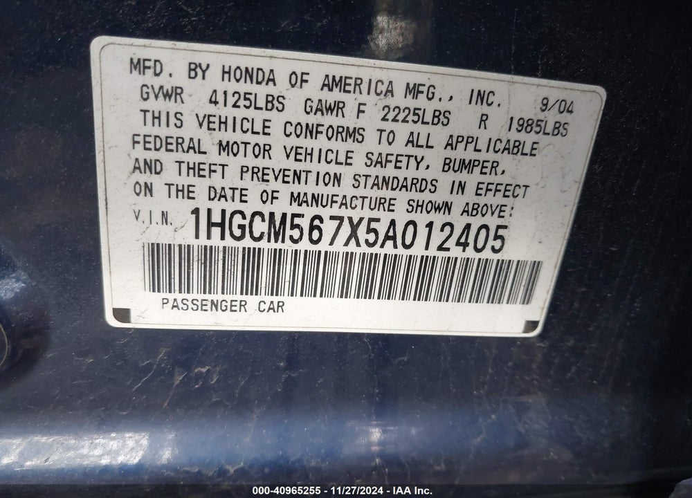 2005 HONDA ACCORD 2.4 EX VIN: 1HGCM567X5A012405
