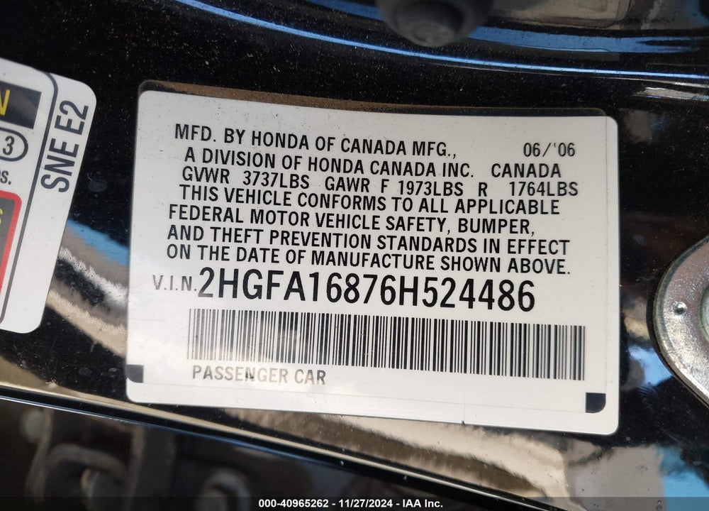 2006 HONDA CIVIC EX VIN: 2HGFA16876H524486
