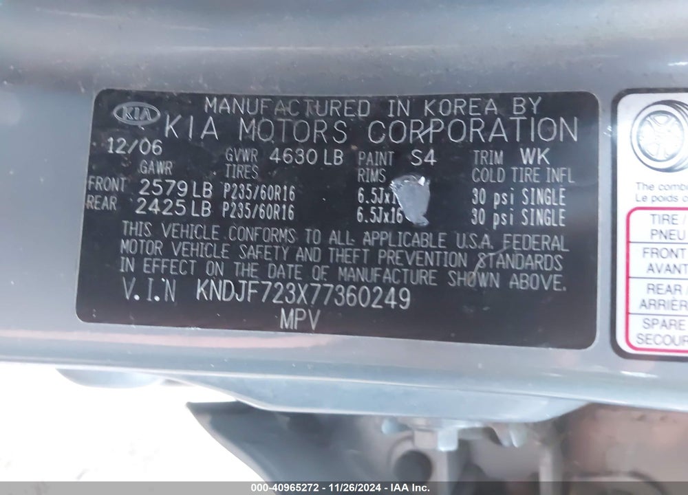 2007 KIA SPORTAGE LX V6 VIN: KNDJF723X77360249