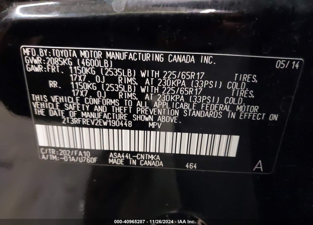 2014 TOYOTA RAV4 XLE VIN: 2T3RFREV2EW190448
