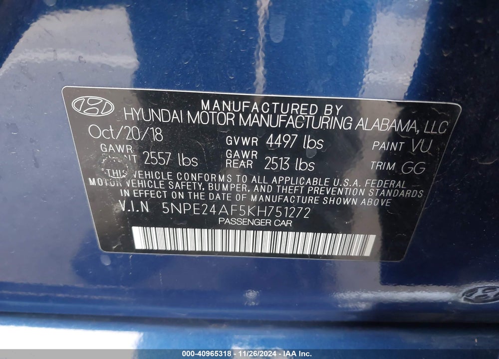 2019 HYUNDAI SONATA VIN: 5NPE24AF5KH751272