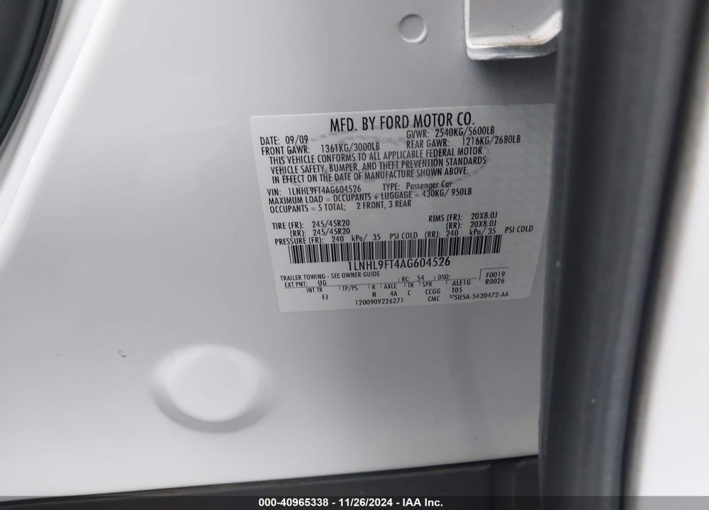 2010 LINCOLN MKS ECOBOOST VIN: 1LNHL9FT4AG604526