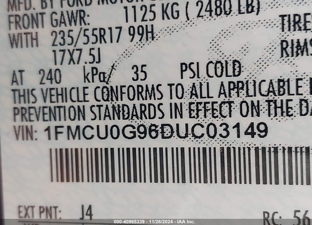 2013 FORD ESCAPE SE VIN: 1FMCU0G96DUC03149