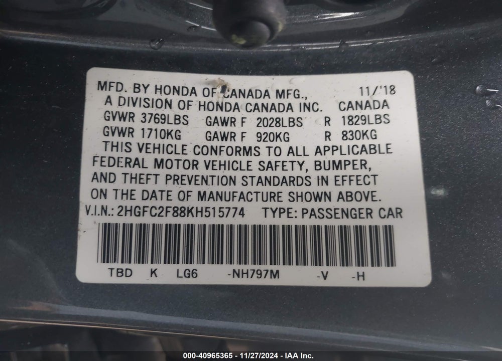 2019 HONDA CIVIC SPORT VIN: 2HGFC2F88KH515774