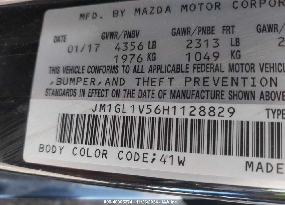 2017 MAZDA 6 TOURING VIN: JM1GL1V56H1128829