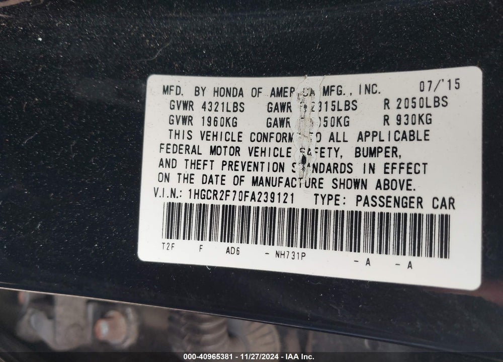 2015 HONDA ACCORD EX VIN: 1HGCR2F70FA239121