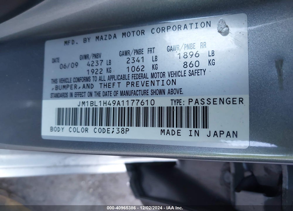 2010 MAZDA SPEED3 SPORT VIN: JM1BL1H49A1177610
