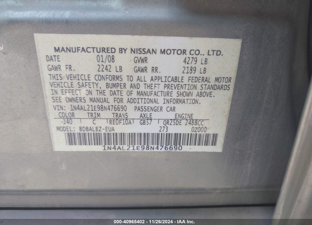 2008 NISSAN ALTIMA 2.5 S VIN: 1N4AL21E98N476690