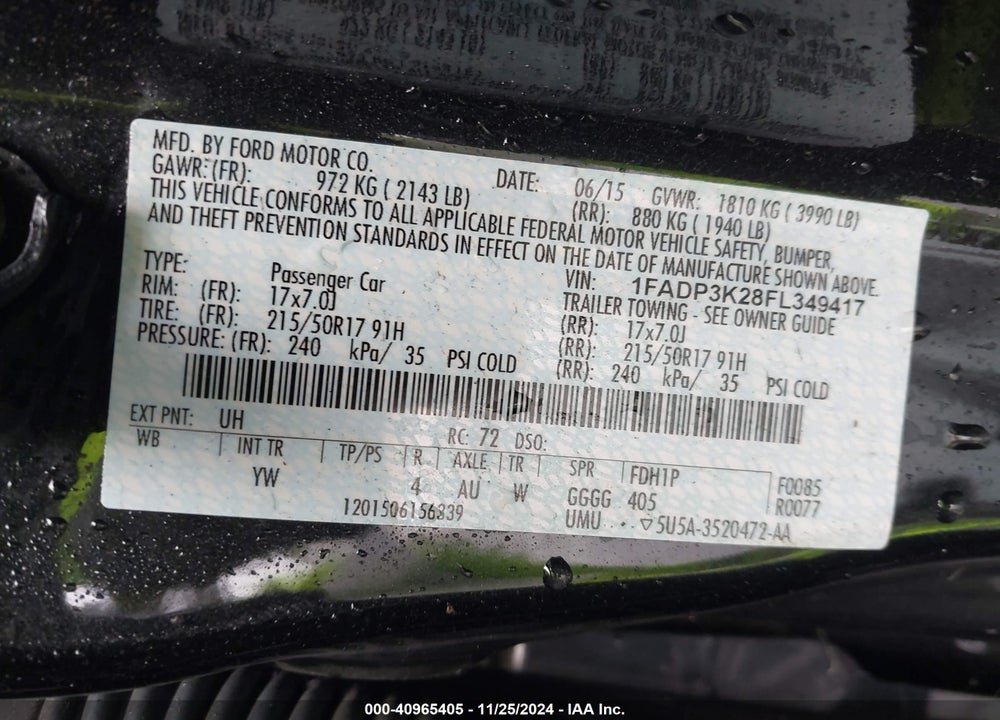 2015 FORD FOCUS SE VIN: 1FADP3K28FL349417