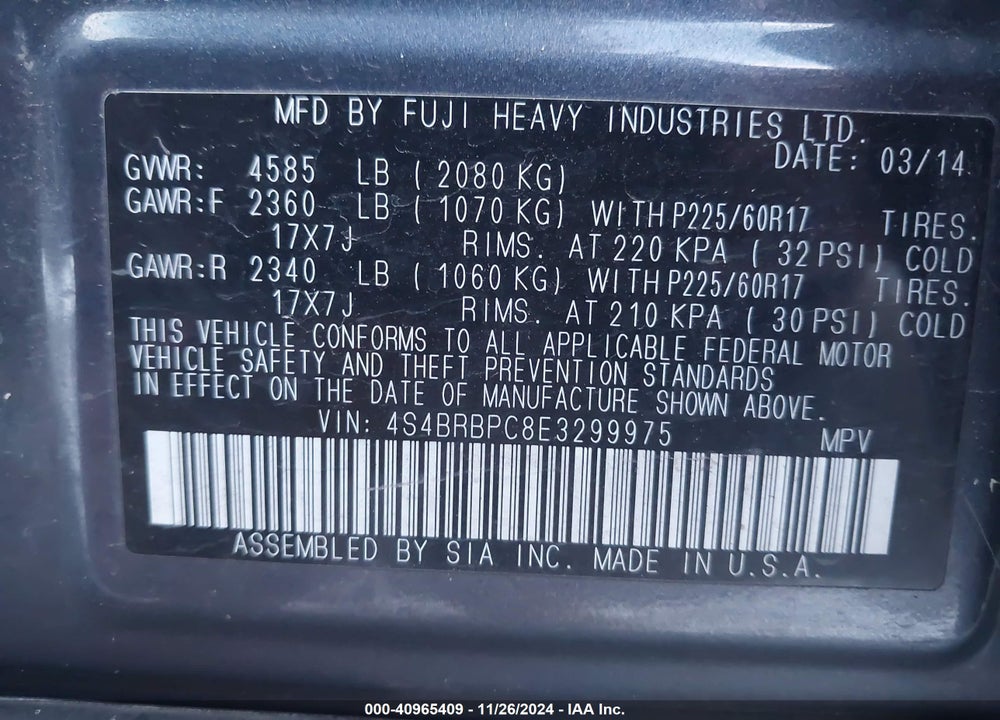 2014 SUBARU OUTBACK VIN: 4S4BRBPC8E3299975