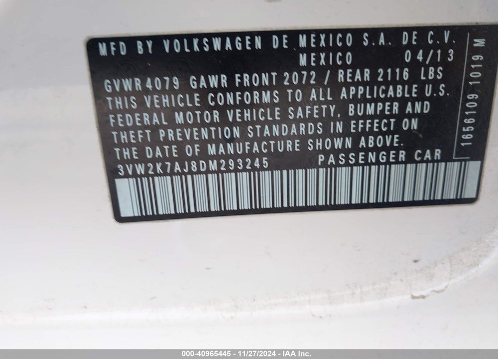 2013 VOLKSWAGEN JETTA VIN: 3VW2K7AJ8DM293245
