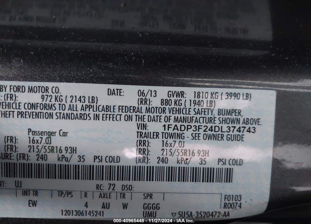 2013 FORD FOCUS SE VIN: 1FADP3F24DL374743