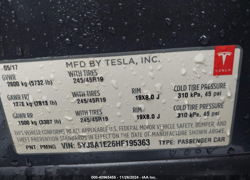 2017 TESLA MODEL S 100D/60D/75D/90D/P100D VIN: 5YJSA1E26HF195363