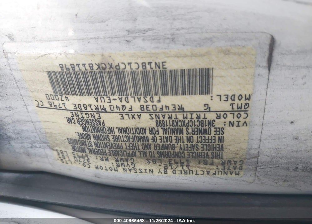 2012 NISSAN VERSA 1.8 S VIN: 3N1BC1CPXCK811898
